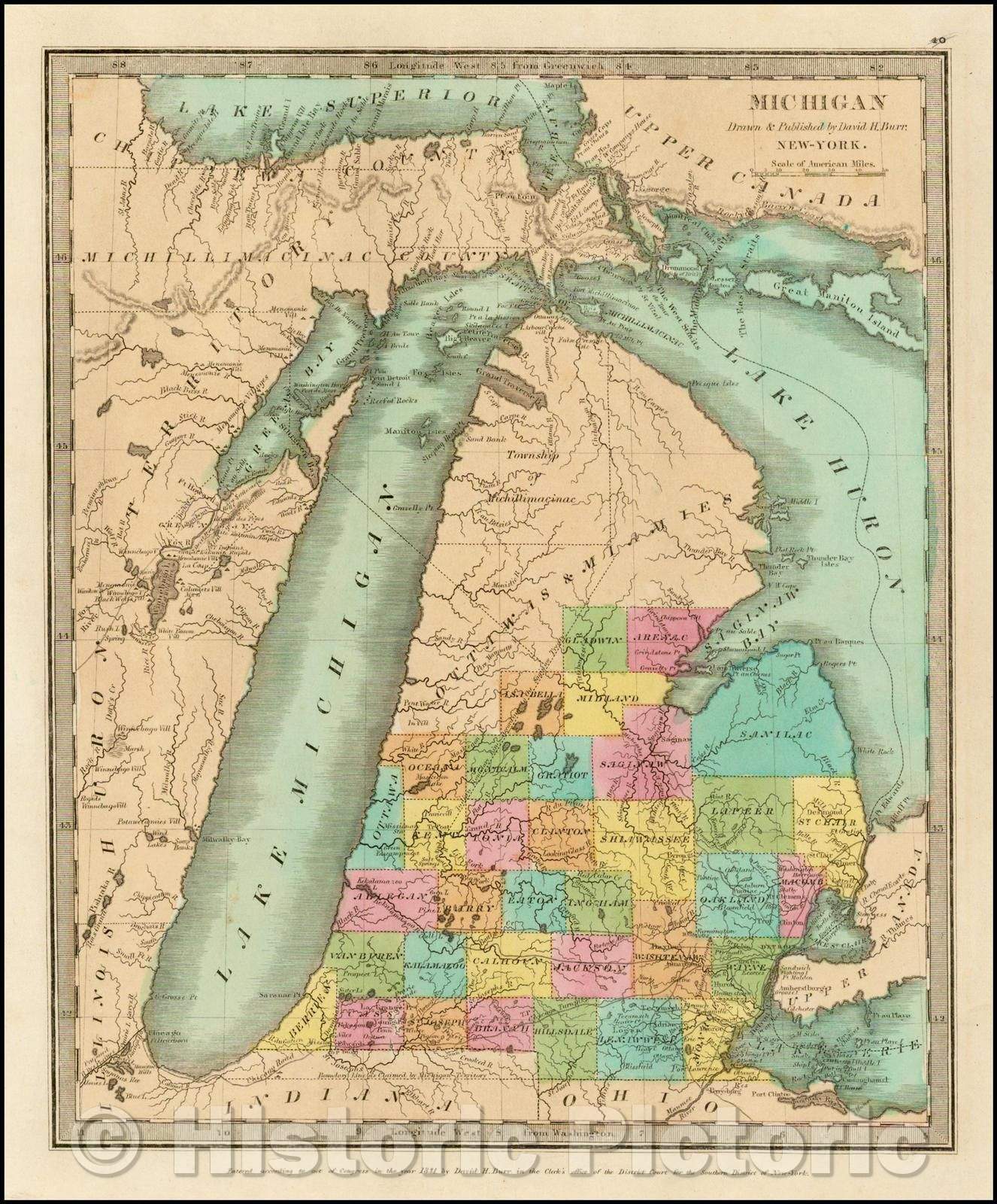 Historic Map - Michigan, 1834, David Hugh Burr - Vintage Wall Art