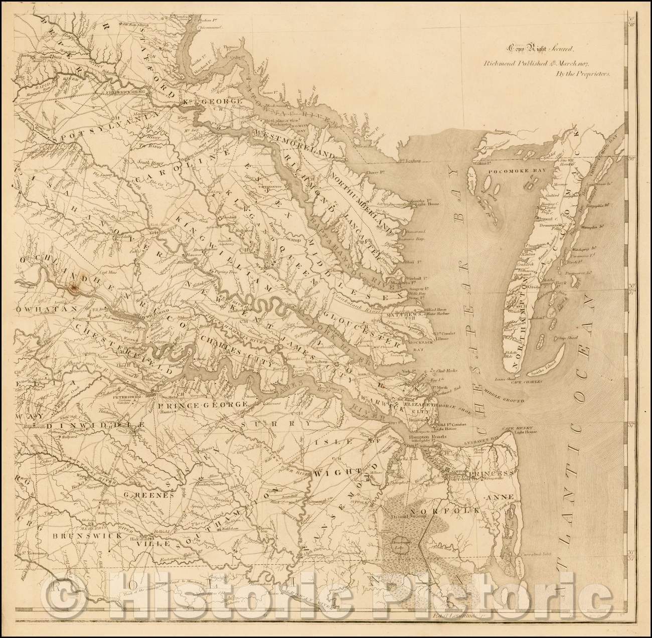 Historic Map - Tidewater Sheet, A of Virginia Formed from Actual Surveys, and the Latest as well as the most accurate observations, 1807 - Vintage Wall Art