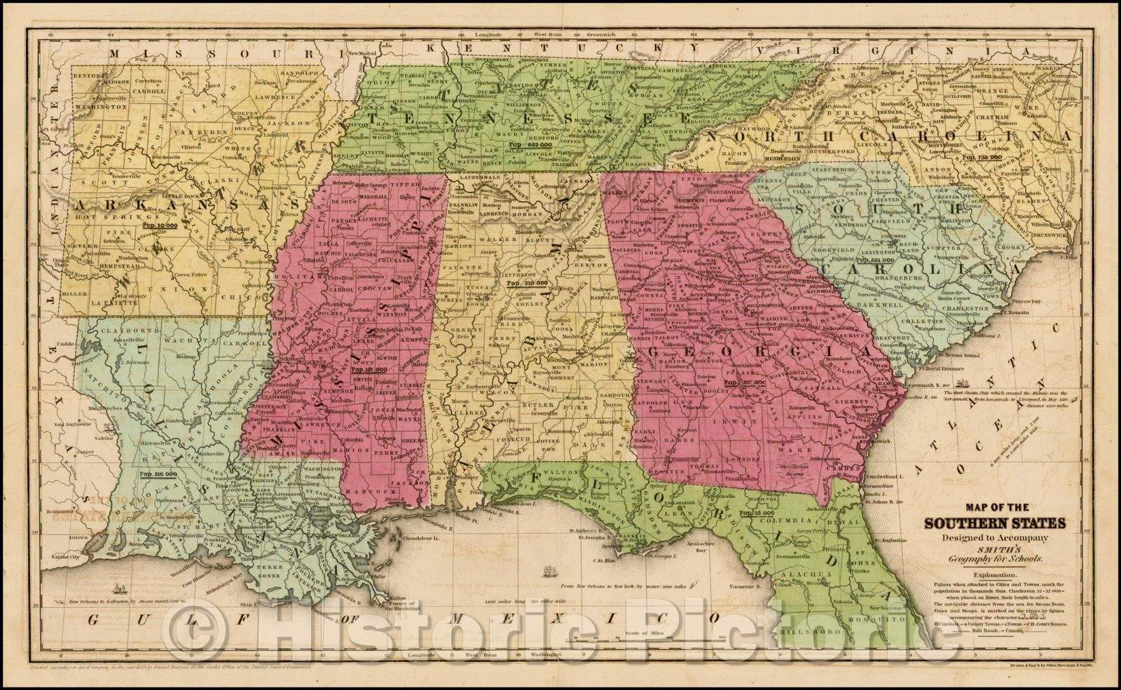 Historic Map Map of the Southern States, 1839, Daniel Burgess Vint Historic Pictoric