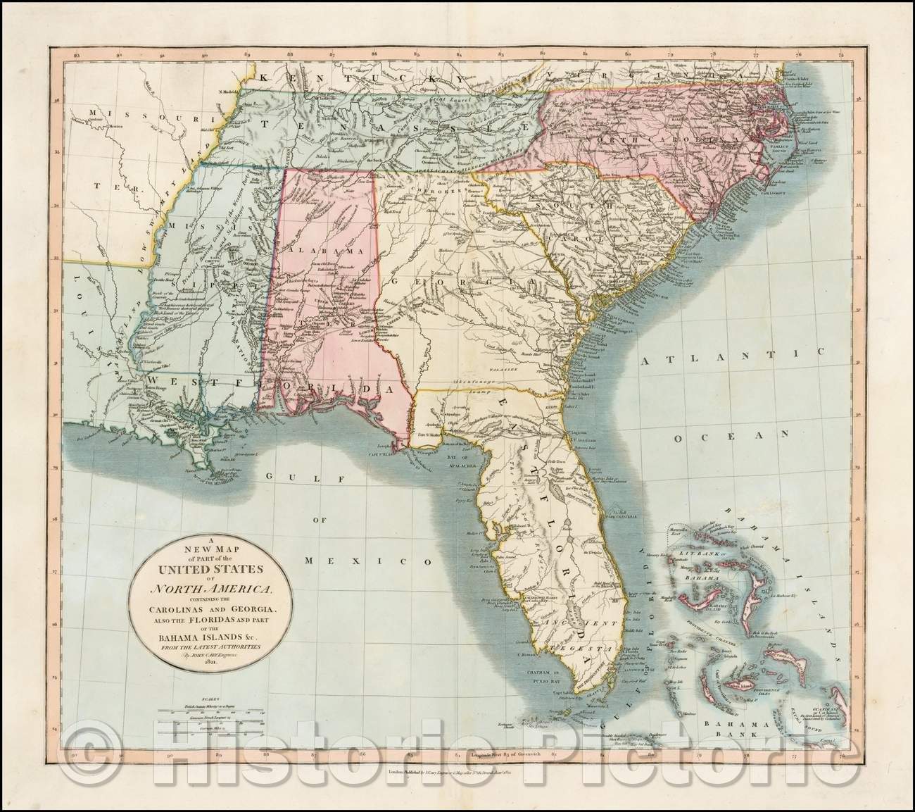Historic Map - Part of the United States of North America Containing The Carolinas And Georgia. Also The Floridas And Part Of The Bahama Islands &c, 1821 - Vintage Wall Art
