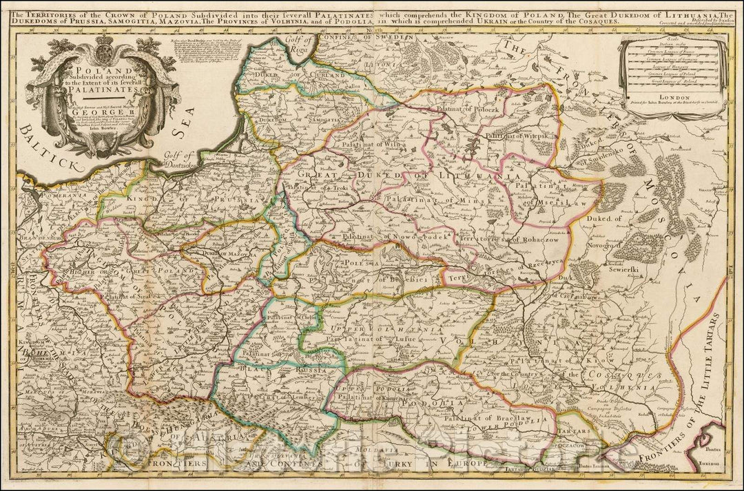 Historic Map - Poland Subdivided According to the Extent of its Severall Palatinates, 1744, John Bowles - Vintage Wall Art