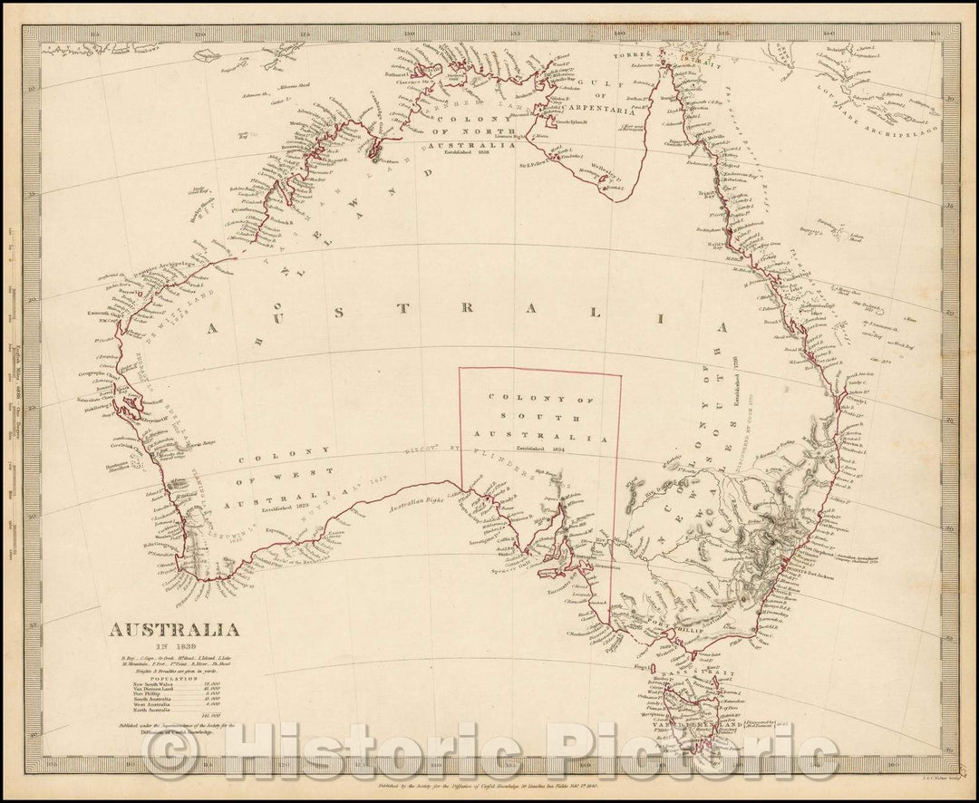 Historic Map - Australia in, 1839, SDUK - Vintage Wall Art