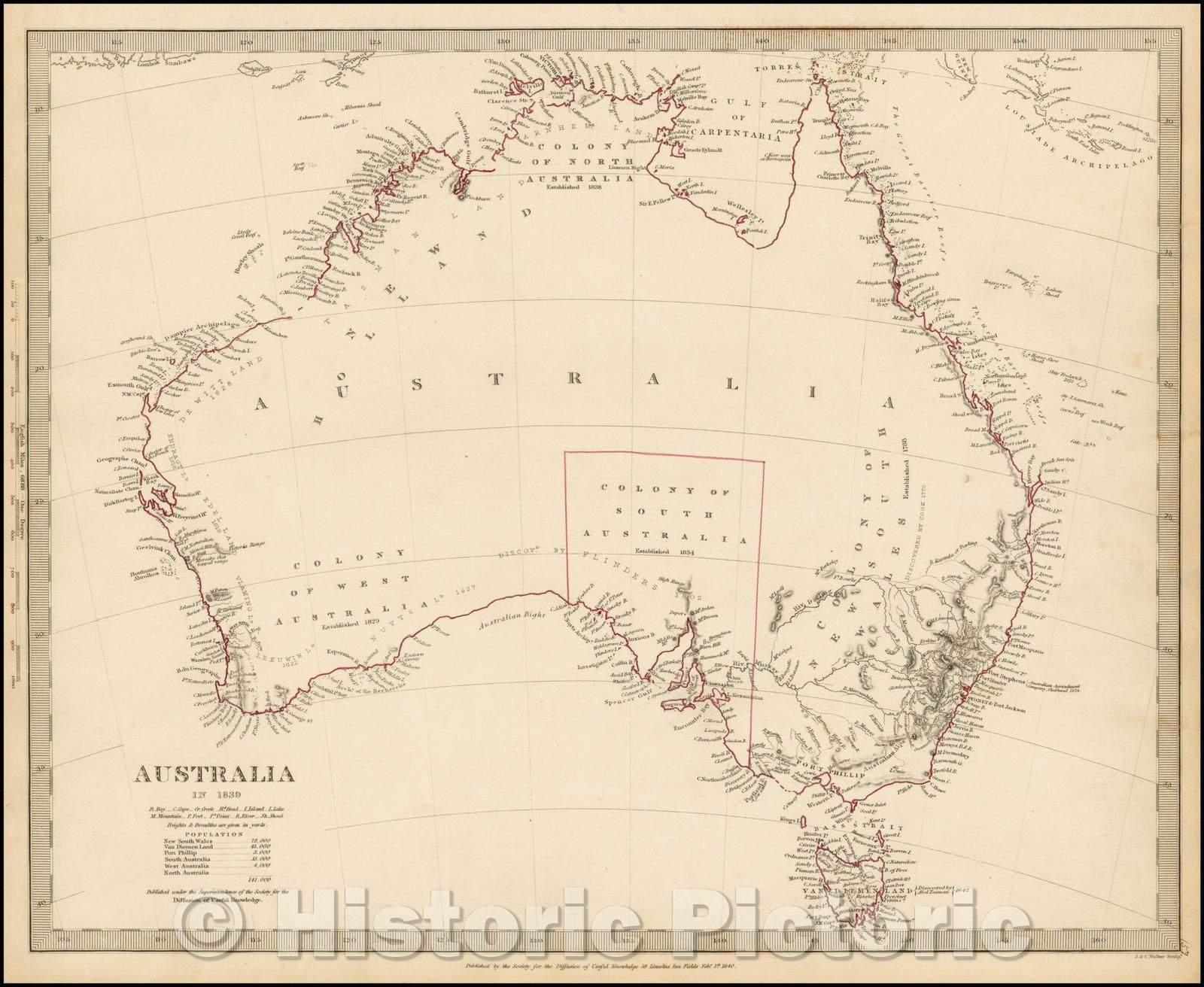 Historic Map - Australia in, 1839, SDUK - Vintage Wall Art