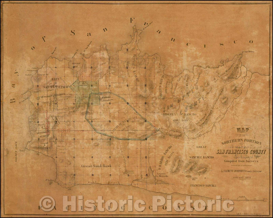 Historic Map - Map of the Northern Portion of San Francisco County complied from Surveys June 1st 1852, 1853, Clement Humphreys - Vintage Wall Art