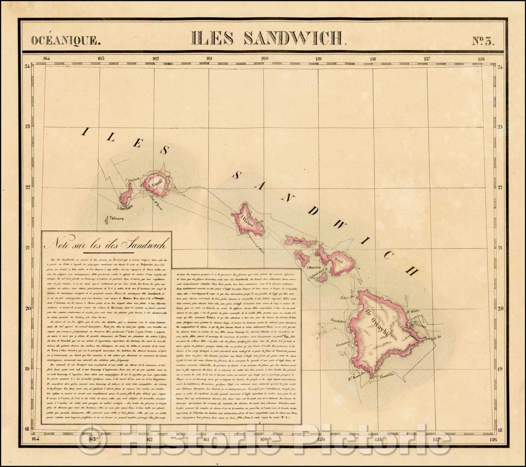 Historic Map - Iles Sandwich Oceanique No. 3. / Map of Hawaii, from Vandermaelen's seminal Atlas, 1827, Philippe Marie Vandermaelen - Vintage Wall Art