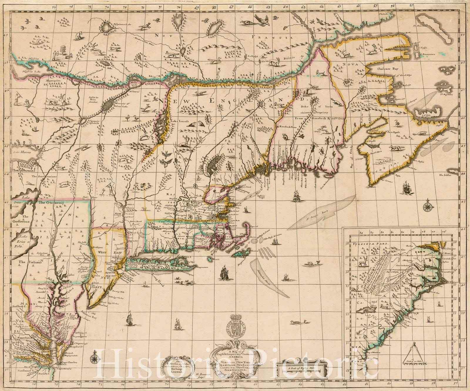 Historic Map - A Map of ye English Empire in ye Continent of America Vis Virginia New York Maryland New Iarsey Carolina New England Pennsilvania, 1685 - Vintage Wall Art