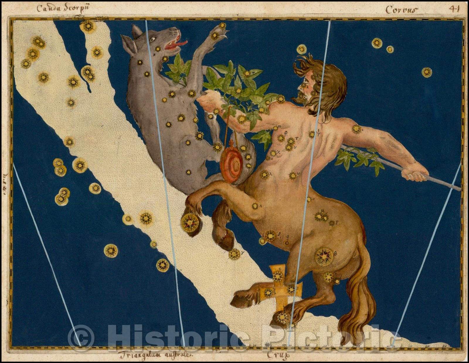 Historic Map - Lupus and Centaurus, Stars Heightened in Gold, 1603, Jo ...