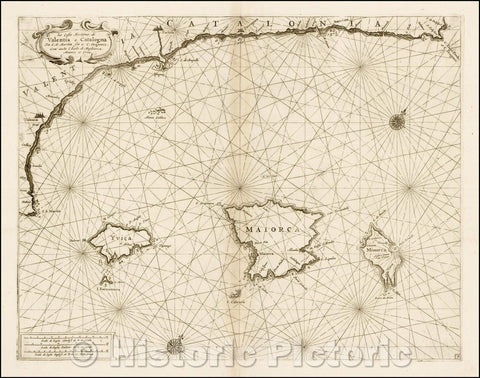 Historic Map - Le Coste Maritime di Valentia e Catalogna Da C. S. Martin sin a C. Dr/Chart of the Balearic Islands and coast of Catalonia and Valencia, 1695 - Vintage Wall Art