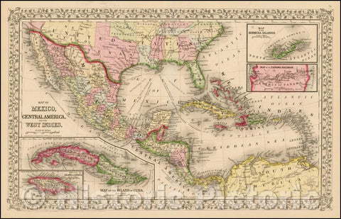 Historic Map - Map of Mexico, Central America, and the West Indies [Bermuda and Cuba Insets], 1867, Samuel Augustus Mitchell Jr. - Vintage Wall Art