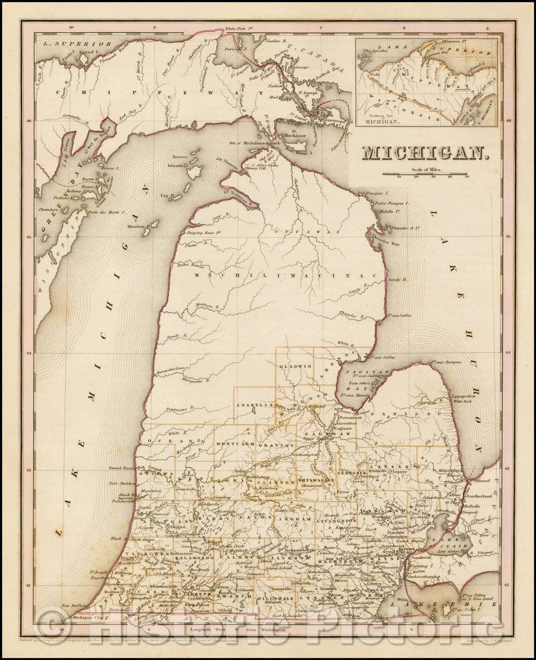 Historic Map - Michigan (Rare 1st edition!), 1838, Thomas Gamaliel Bradford - Vintage Wall Art