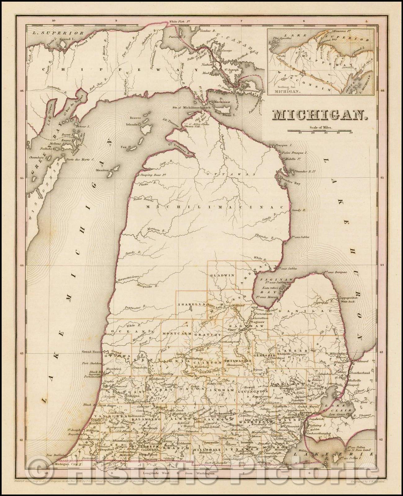 Historic Map - Michigan (Rare 1st edition!), 1838, Thomas Gamaliel Bradford - Vintage Wall Art