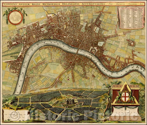 Historic Map - Londini Angliae Regni Metropolis Delineatio Accuratissima/Plan of London and environs, Johannes De Ram in Amsterdam, 1729, Pieter van der Aa - Vintage Wall Art