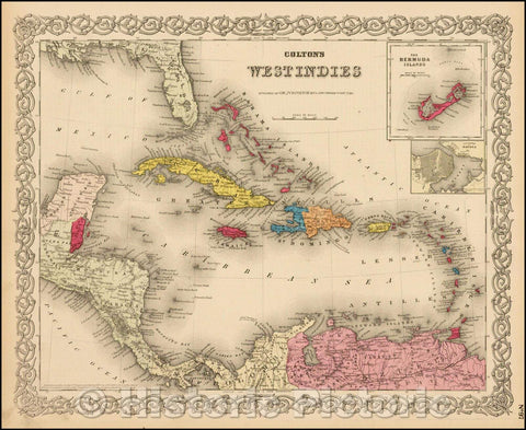 Historic Map - Colton's West Indies [Bermuda and Havana insets], 1874, Joseph Hutchins Colton - Vintage Wall Art