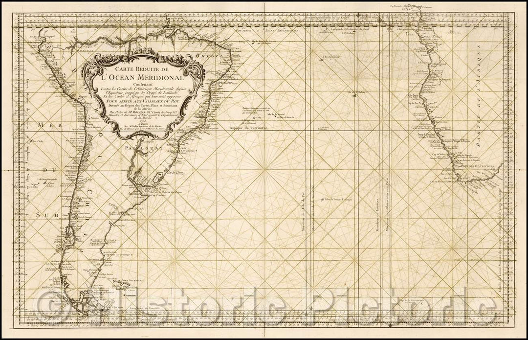 Historic Map - Carte Reduite De L'Ocean Meridional Contenant Toutes les Costes de l'Amerique Meridionale depus l'Equateur, 1753, Jacques Nicolas Bellin - Vintage Wall Art