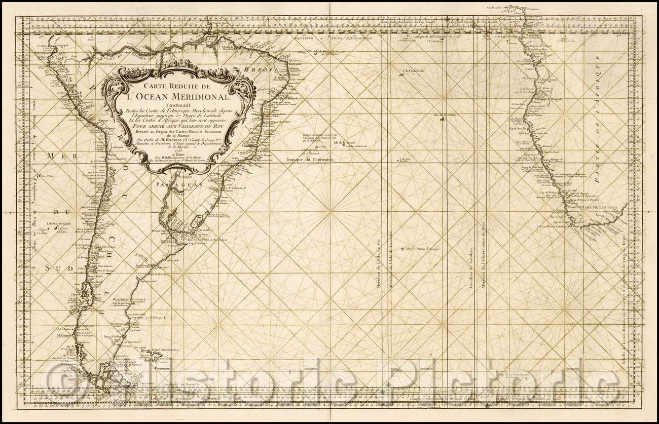 Historic Map - Carte Reduite De L'Ocean Meridional Contenant Toutes les Costes de l'Amerique Meridionale depus l'Equateur, 1753, Jacques Nicolas Bellin - Vintage Wall Art