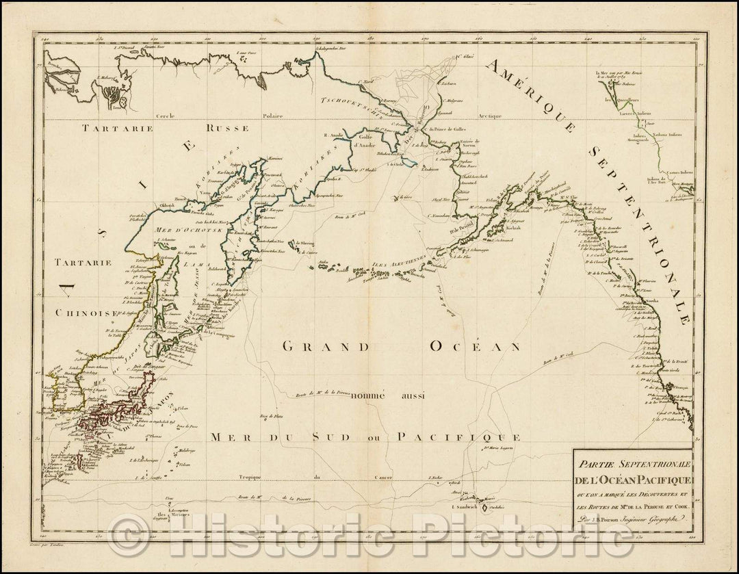 Historic Map - Partie Septentrionale De L'Ocean Pacifique ou L'on Marque Les Decouvertes Et Les Routes De Mrs. De La Perouse et Cook, 1820 - Vintage Wall Art