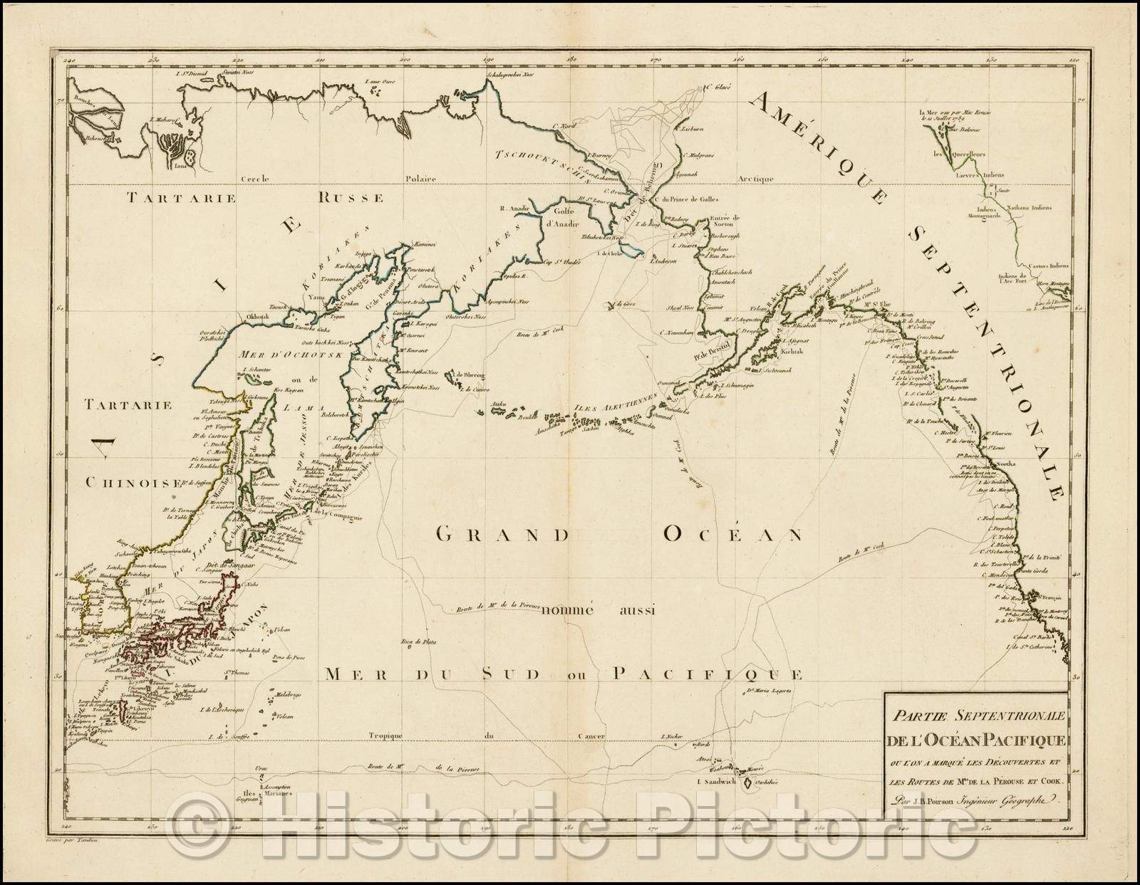 Historic Map - Partie Septentrionale De L'Ocean Pacifique ou L'on Marque Les Decouvertes Et Les Routes De Mrs. De La Perouse et Cook, 1820 - Vintage Wall Art