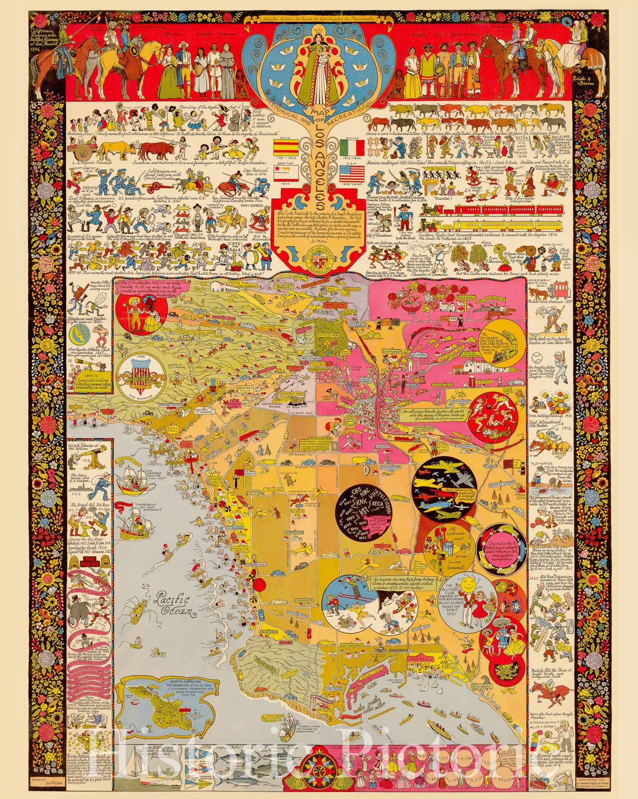 Historic Map - Historical and Recreational Map of Los Angeles, 1942, Jo Mora - Vintage Wall Art