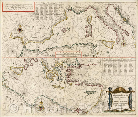 Historic Map - Middel-landtsche Zee Nieuwlix uytgegeven door Arnold Colom/Sea Chart of the Mediterranean, published by Arnold Colom in Amsterdam, 1656 - Vintage Wall Art