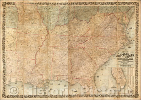 Historic Map - Southern States. Including Maryland, Delaware, Virginia, Kentucky Tennessee, Missouri, North Carolina, South Carolina, Georgia, 1861 - Vintage Wall Art