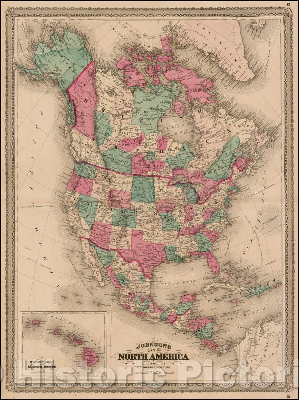 Historic Map - Johnson's North America [with Inset of Hawaii], 1870, Alvin Jewett Johnson - Vintage Wall Art