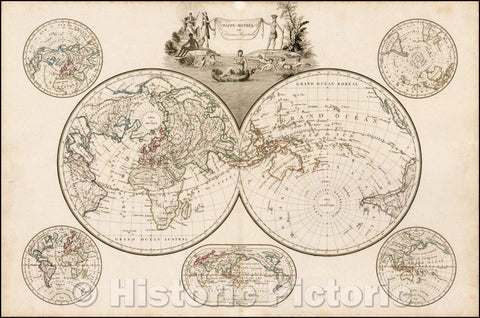 Historic Map - Mappe-Mondes sur Diverses Projections :: Double hemisphere of the World, smaller world Maps,Australia and 4 other hemispheric projections, 1812 - Vintage Wall Art