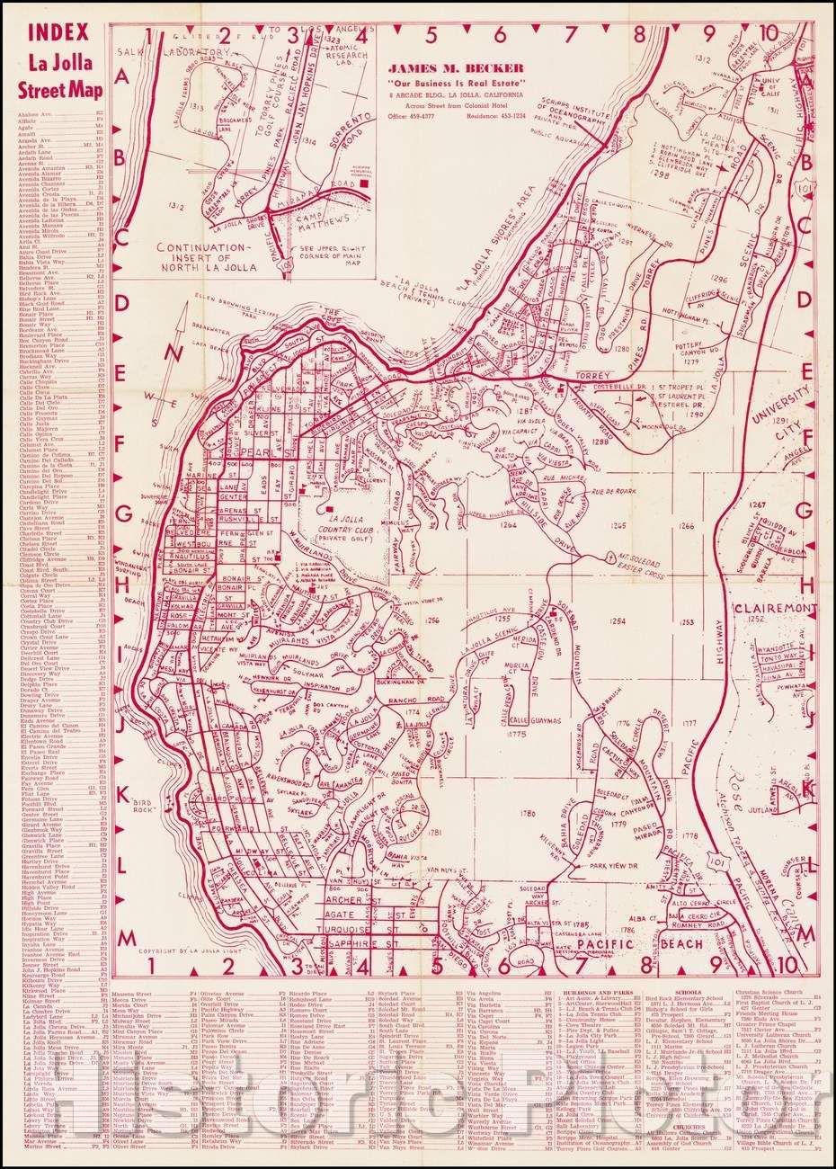Historic Map La Jolla Street Map, 1960, La Jolla Light Vintage Wal