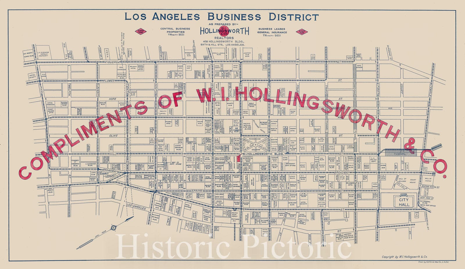 Historic Map - Los Angeles Business District, 1923, W.I. Hollingsworth & Co. - Vintage Wall Art