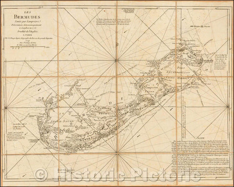 Historic Map - Les Bermudes Levees par Lampriere Determinees Astronomiquement :: French of Bermuda, 1779 - Vintage Wall Art