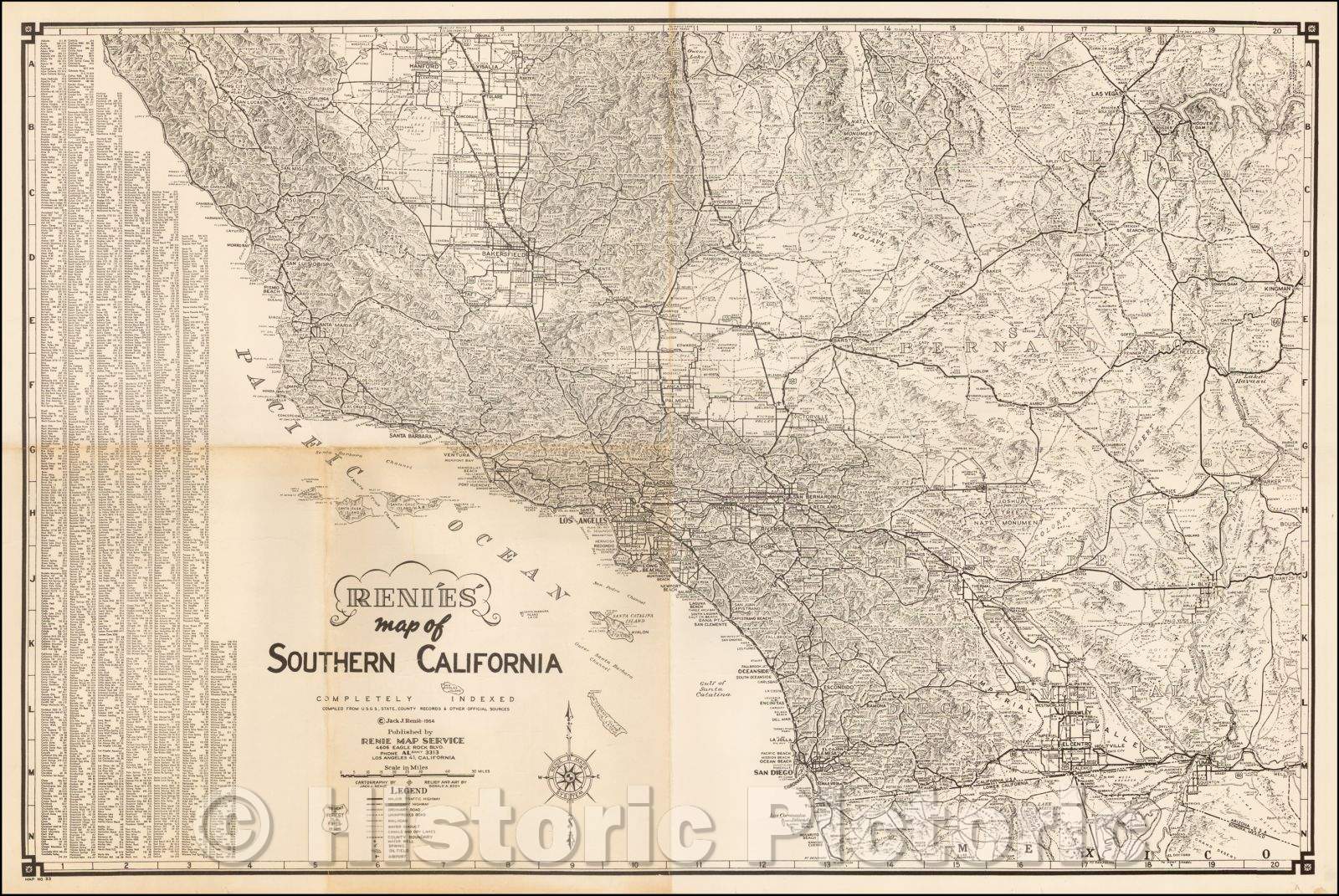 Historic Map - Renie's Map Southern California Completely Indexed, 1954, Jack J. Renie - Vintage Wall Art