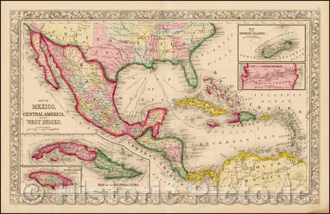 Historic Map - Map of Mexico, Central America, and the West Indies [Bermuda and Cuba Insets], 1863, Samuel Augustus Mitchell Jr. - Vintage Wall Art