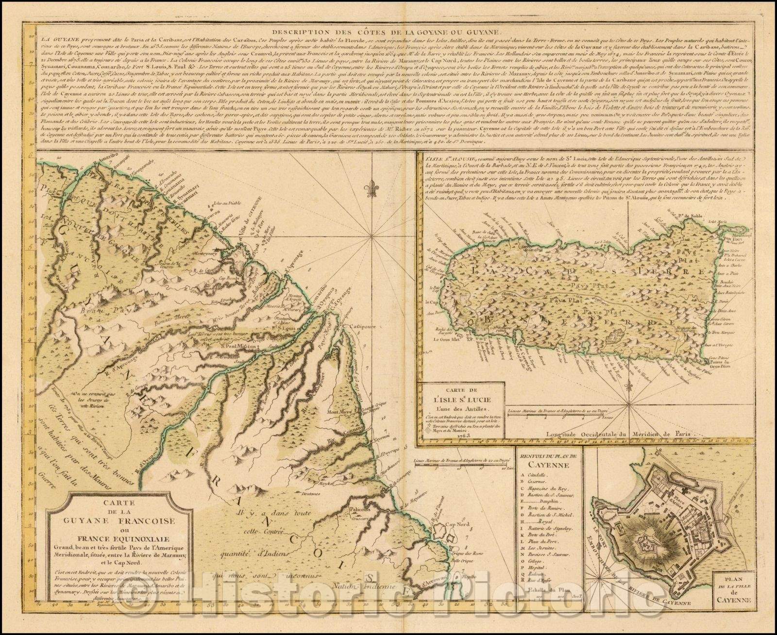 Historic Map - Carte de la Guyane Francoise ou France Equinoxiale Grand beau et tres Fertile/Map of French Guiana and St. Lucia, 1763, Biteow - Vintage Wall Art