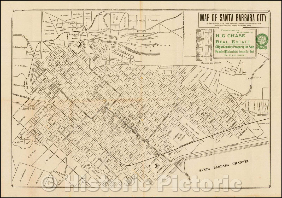 Historic Map - Map of Santa Barbara City Revised according to the Latest and Most Authentic Surveys for 1916, 1916, G. G. Childers - Vintage Wall Art