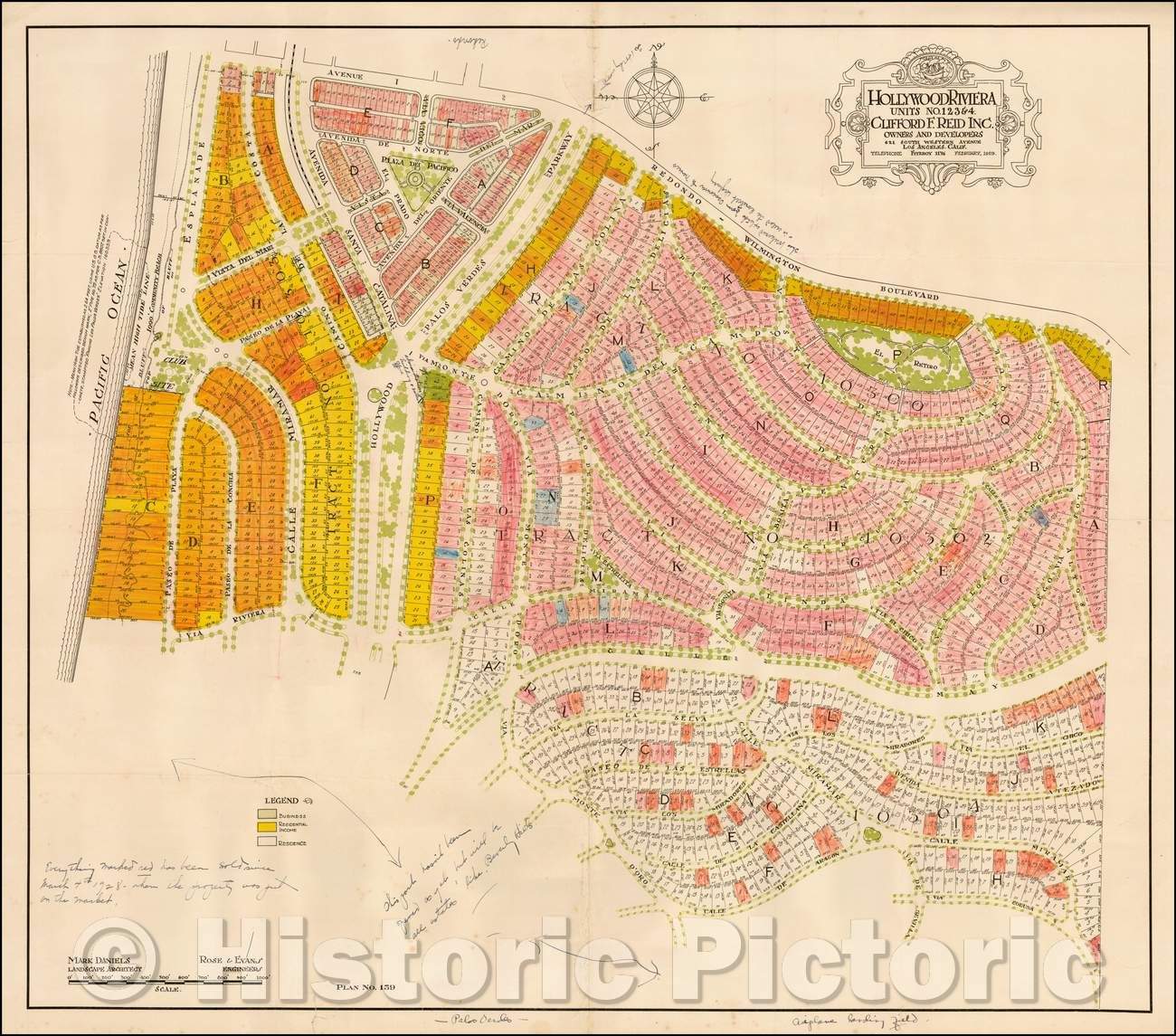 Historic Map - Hollywood Riviera Units No. 1 2 3 & $. Clifford F. Reid Inc. Owners and Developers, 1929, Clifford F. Reid Inc. - Vintage Wall Art