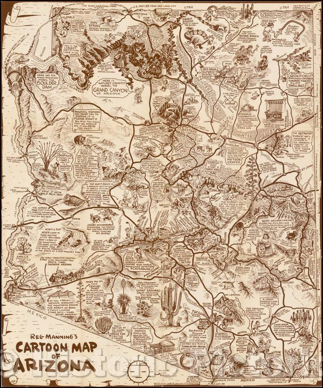 Historic Map - Reg Manning's Cartoon Map of Arizona, 1938, Reginald Manning v3