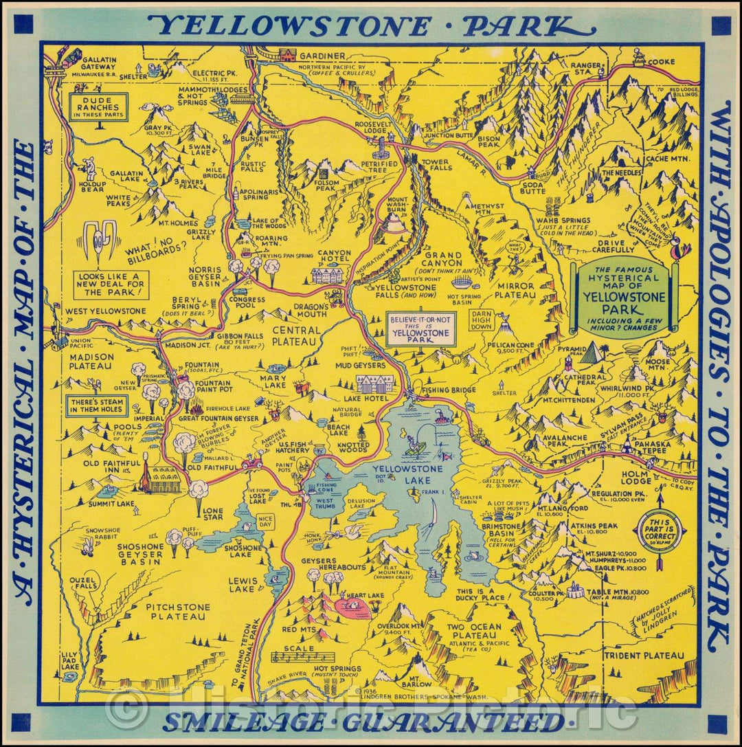 Historic Map - A Hysterical Map Of The Yellowstone Park - With Apologies To The Park - Smileage Guaranteed, 1936, Lindgren Brothers v1