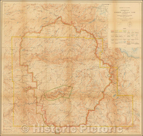 Historic Map - Administrative Map of Yosemite National Park California, 1905, United States Department of the Interior - Vintage Wall Art