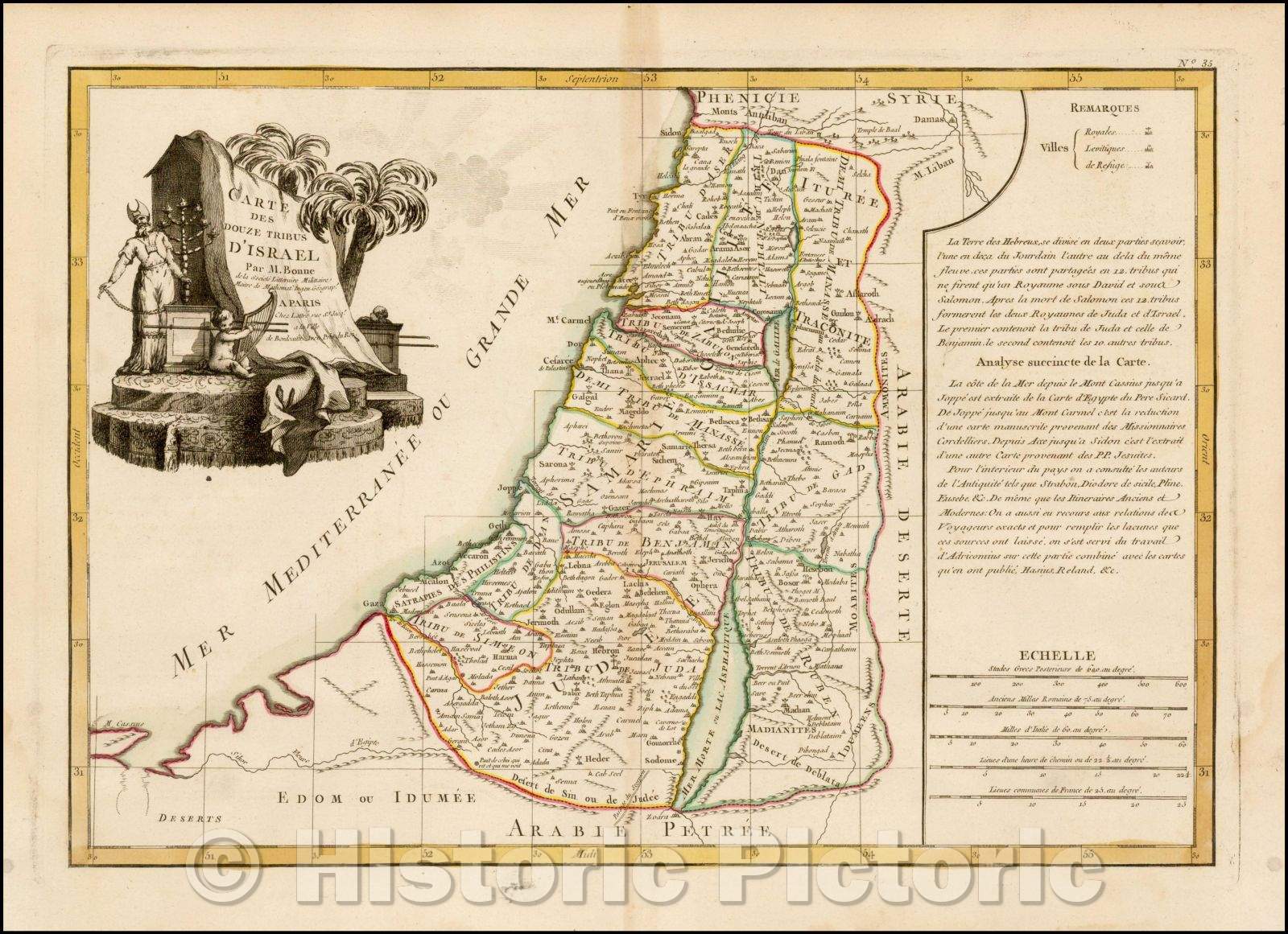 Historic Map - Carte Des Douze Tribus D'Israel Par M Bonne/Map of the Holy Land, showing the 12 tribes, 1762, Jean Janvier - Vintage Wall Art