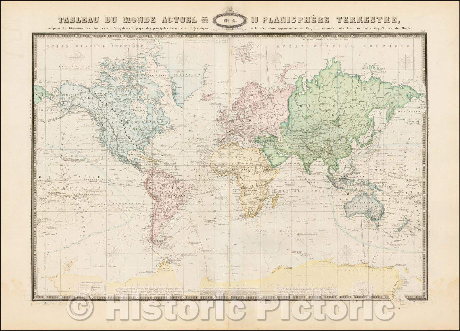 Historic Map - Tableau Du Monde Actuel Ou Planisphere Terrestre, indiquant les Itineraires de plus celebres Naigateurs, 1861 - Vintage Wall Art
