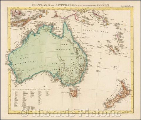 Historic Map - Festland von Australien und benachbarte Inseln. / Map of Australia and New Zealand,list of townships in Australia, 1850, Adolf Stieler - Vintage Wall Art