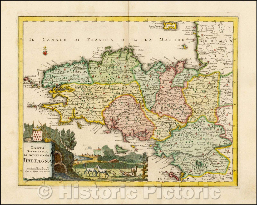 Historic Map - Carta Geografica Del Governo della Bretagna/Map of part of Bretagne, with a cartouche, 1740, Giambattista Albrizzi - Vintage Wall Art