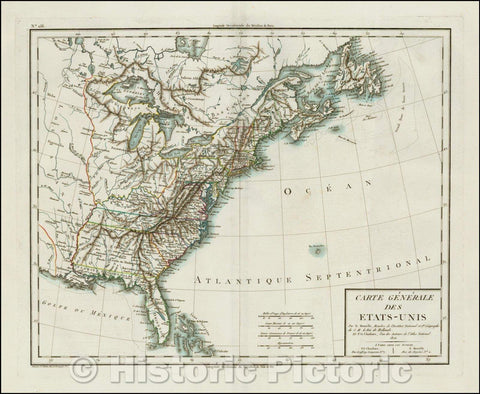 Historic Map - Carte Generale Des Etats-Unis .1806 / Map of the United States, extending beyond the Mississippi River, 1806, Mentelle - Vintage Wall Art