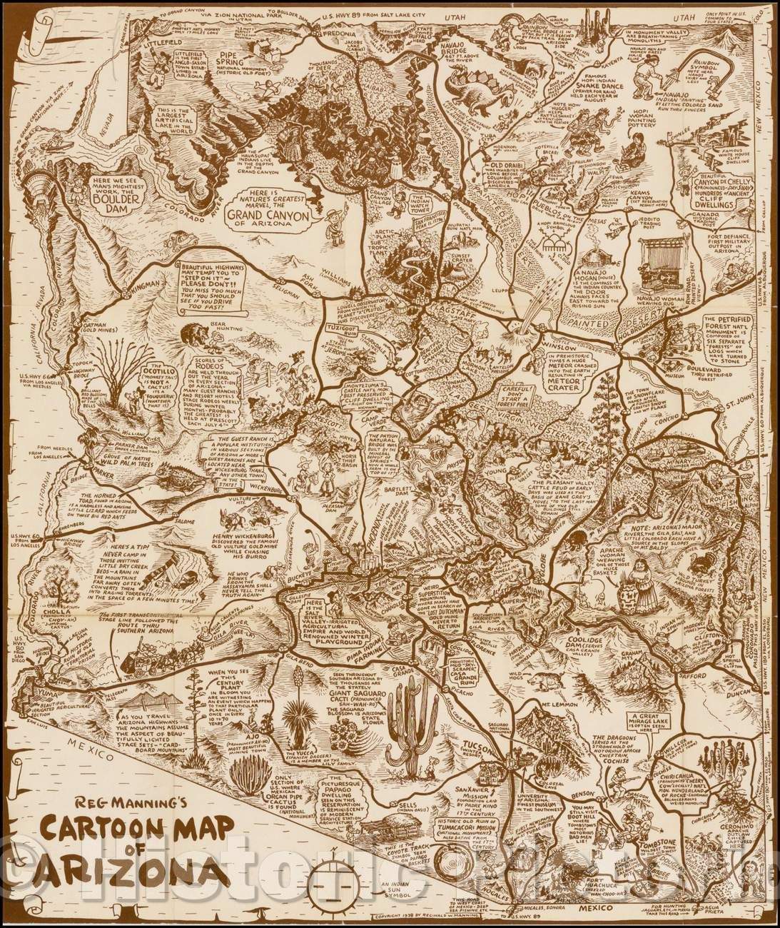 Historic Map - Reg Manning's Cartoon Map of Arizona, 1938, Reginald Manning v4