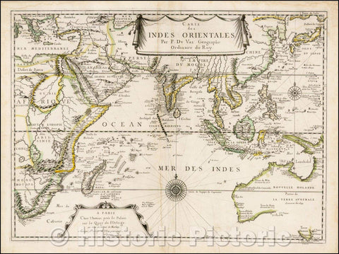 Historic Map - Carte des Indes Orientales/Map of the Indian Ocean, Australia and South Africa to China and Asia Minor, 1677, Pierre Du Val - Vintage Wall Art