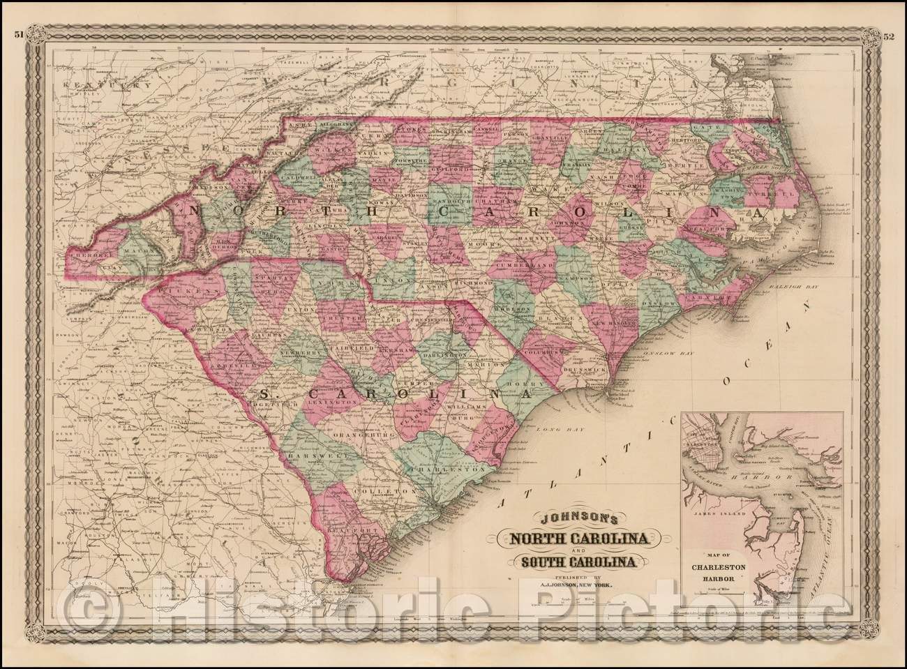 Historic Map - Johnson's North Carolina and South Carolina (with large inset of Charleston Harbor), 1870, Alvin Jewett Johnson v2