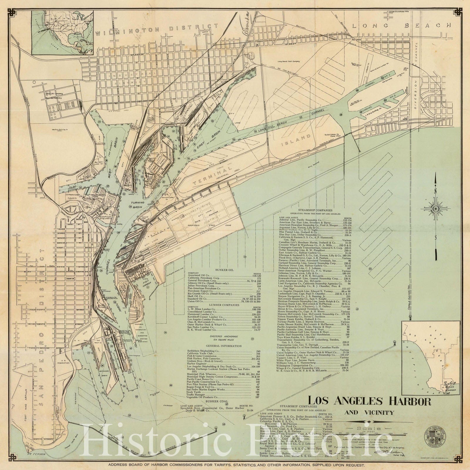 Historic Map - Los Angeles Harbor and Vicinity, 1925, Harbor Department of the City of Los Angeles - Vintage Wall Art