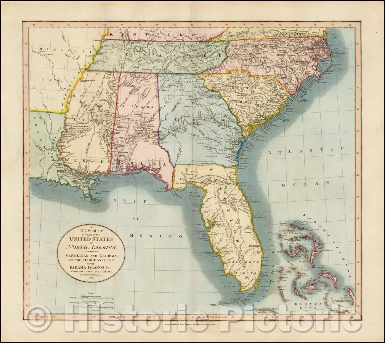 Historic Map - A New of Part of the United States of North America Containing The Carolinas And Georgia. Also The Floridas And Part Of The Bahama Islands, 1825 - Vintage Wall Art