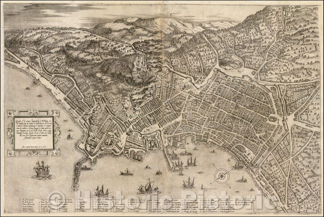 Historic Map - [Naples] Quale & di Quanta Importanza, e Bellezza sia la Nobile Cita di Napole in Italia :: Bird's-eye View of Naples, 74 key sites of interest, 1566 - Vintage Wall Art