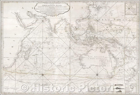 Historic Map - Chart of the Indian and Pacific Oceans Between the Cape of Good Hope, New Holland and Japan, New Zealand, 1794, Laurie & Whittle - Vintage Wall Art