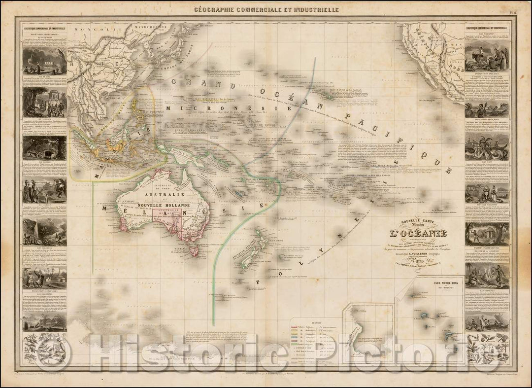 Historic Map - Nouvelle Carte Illustree de L'Oceanie, 1860, Alexandre Vuillemin v2